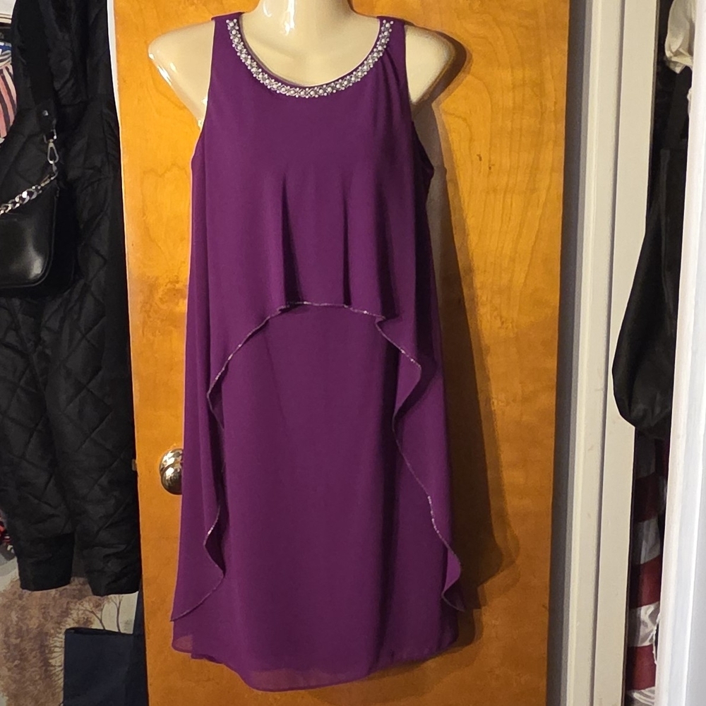 SLNY Purple Beaded-Neck Layered Mini Dress